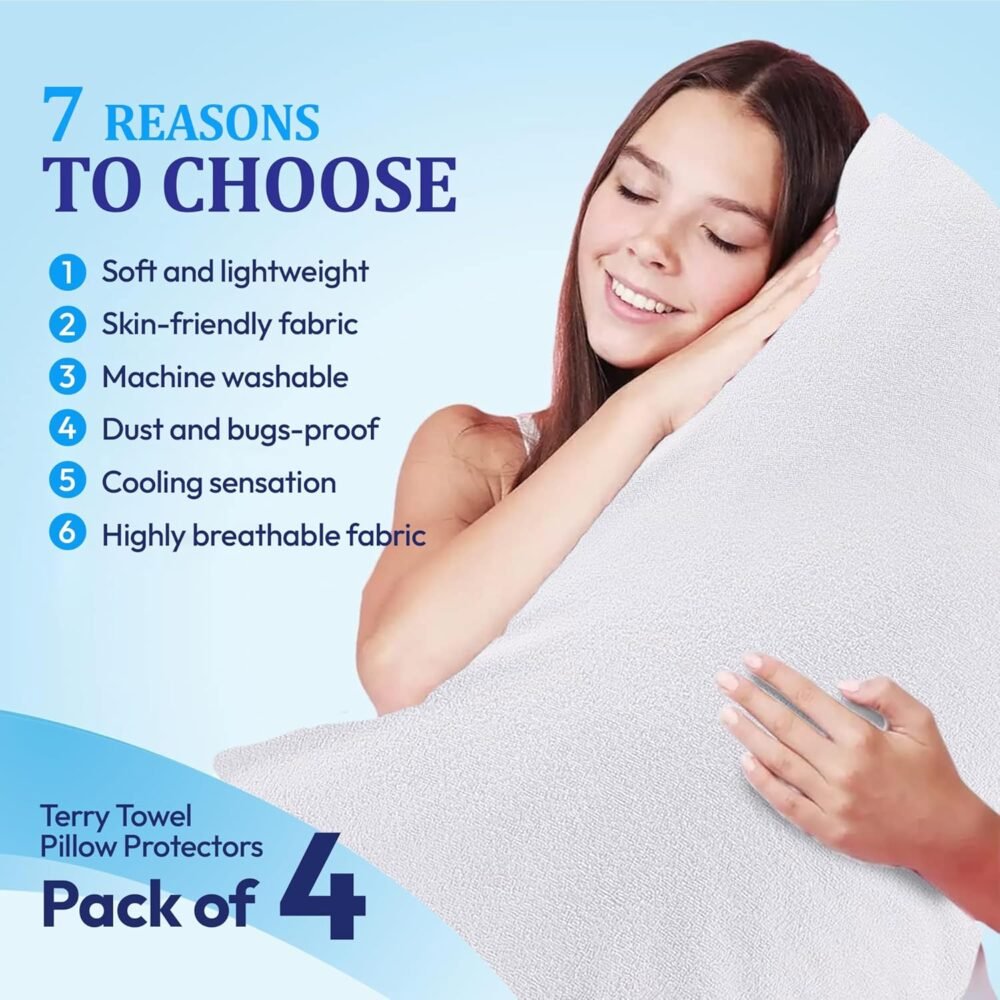 Eutony Waterproof 4 Pack Terry Towel Zipped Pillow Protectors 50x75cm - Image 6