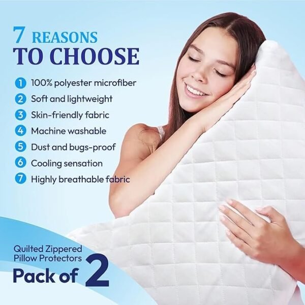 Eutony 2 Pack Quilted Zipped Pillow Protectors 50 x 90cm - Image 7