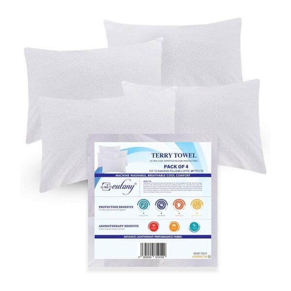 Eutony Waterproof 4 Pack Terry Towel Zipped Pillow Protectors 50x75cm
